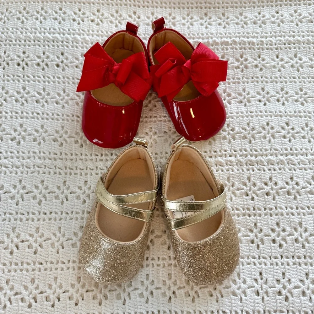 Baby Toddler Girl Red Patent Bow Mary Janes & Gold Glitter Mary Janes 9-12 Mo.